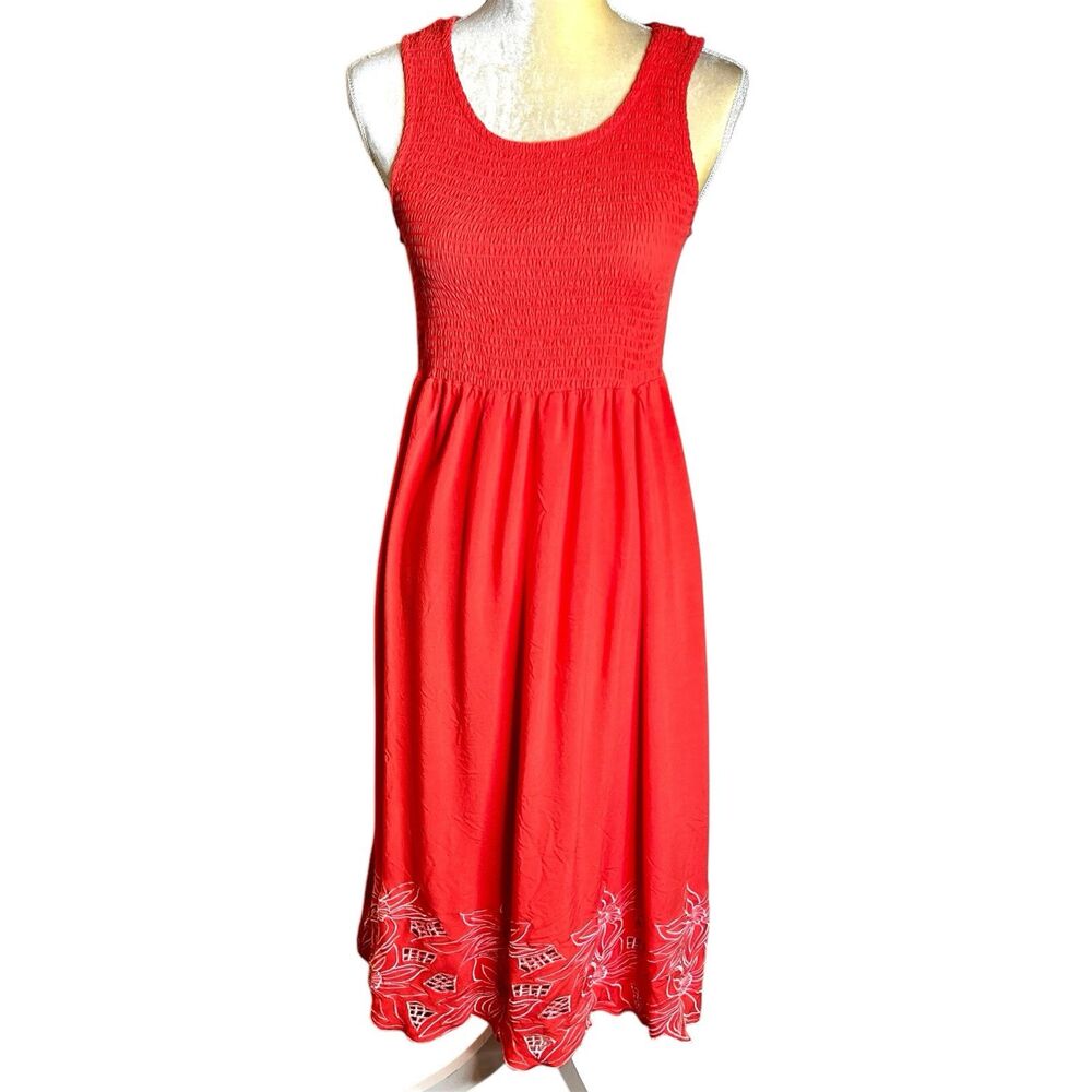 Jane Ashley Maxi Sundress Size M Orange Smocked Bodice White Embroidery At Hem